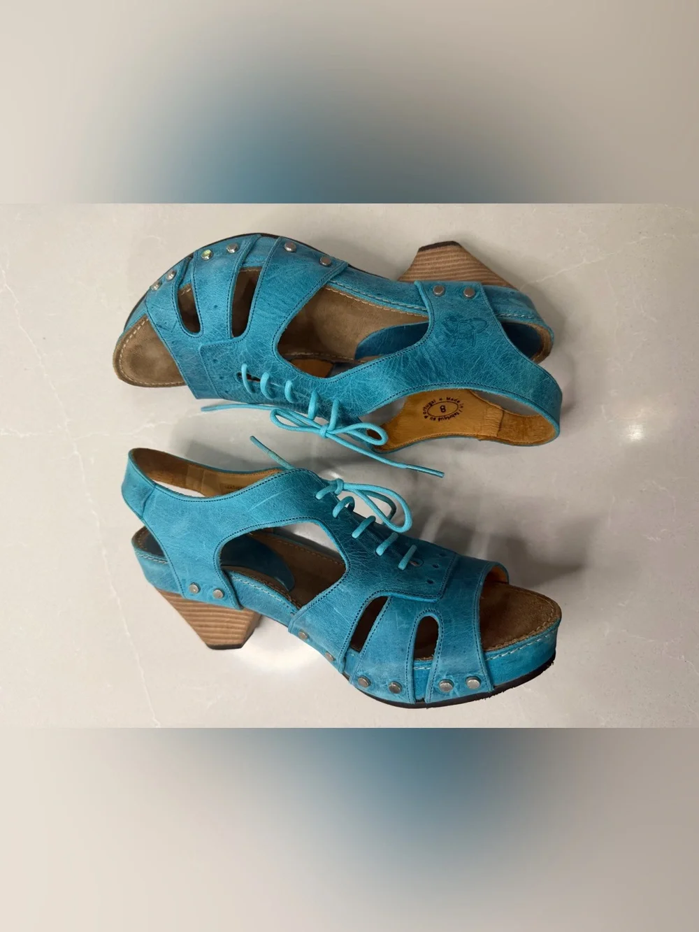 John Fluevog Joni Teal Blue Leather Wood Platform Lace Up Low Rule Sandals, 8